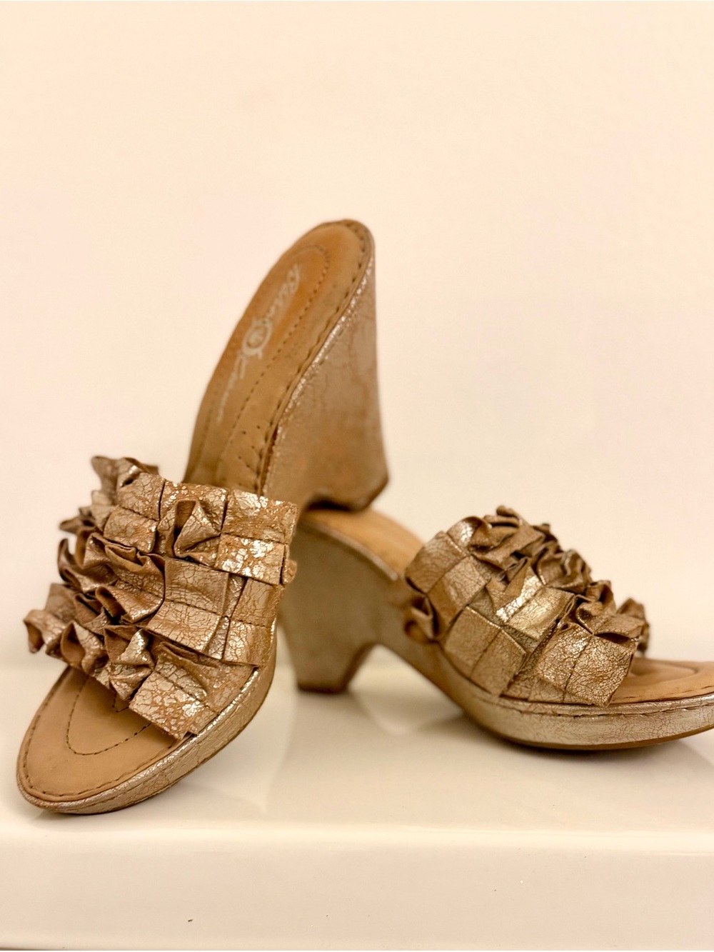 Born Metallic Champagne Ruffle Wedge Mules